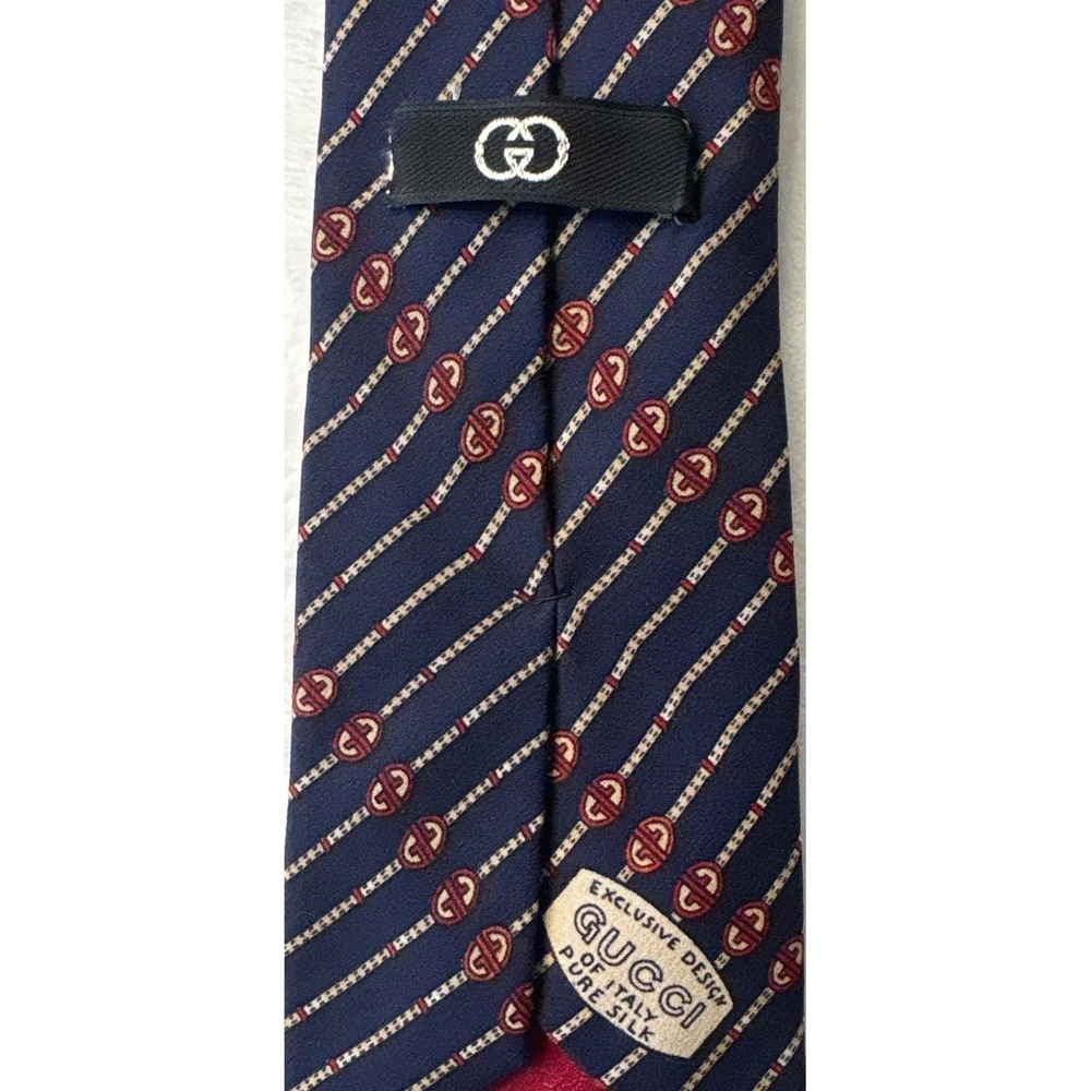 GUCCI GG Logo Tie Vintage Navy Red Designer Silk - Picture 4 of 4